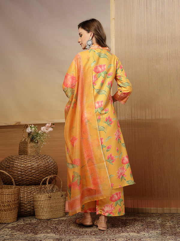 Stylum Women's Yellow Floral Printed Rayon Anarkali Kurta Pant Dupatta Set (KPDYELLOWEMOLI)