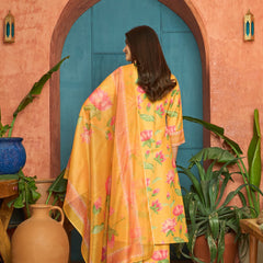 Stylum Women's Yellow Floral Printed Rayon Anarkali Kurta Pant Dupatta Set (KPDYELLOWEMOLI)