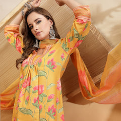 Stylum Women's Yellow Floral Printed Rayon Anarkali Kurta Pant Dupatta Set (KPDYELLOWEMOLI)