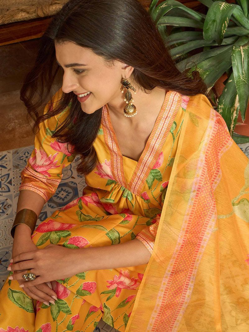Stylum Women's Yellow Floral Printed Rayon Anarkali Kurta Pant Dupatta Set (KPDYELLOWEMOLI)