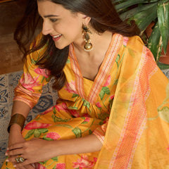 Stylum Women's Yellow Floral Printed Rayon Anarkali Kurta Pant Dupatta Set (KPDYELLOWEMOLI)