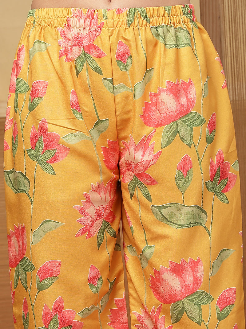 Stylum Women's Yellow Floral Printed Rayon Anarkali Kurta Pant Dupatta Set (KPDYELLOWEMOLI)