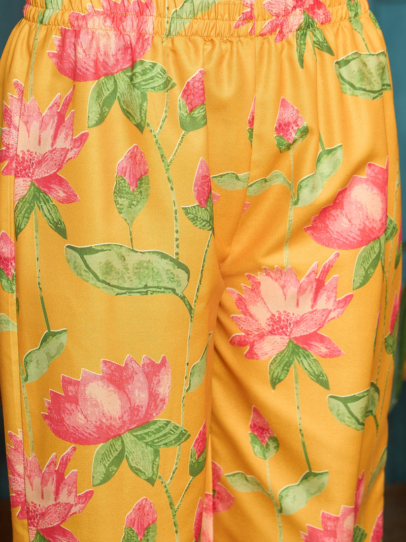 Stylum Women's Yellow Floral Printed Rayon Anarkali Kurta Pant Dupatta Set (KPDYELLOWEMOLI)