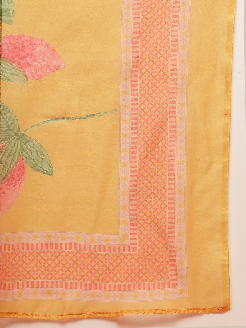 Stylum Women's Yellow Floral Printed Rayon Anarkali Kurta Pant Dupatta Set (KPDYELLOWEMOLI)