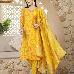 Stylum Women's Bandhej Printed Muslin Straight Kurta Pant Dupatta Set (KPDYELLOWKORI)
