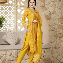 Stylum Women's Bandhej Printed Muslin Straight Kurta Pant Dupatta Set (KPDYELLOWKORI)