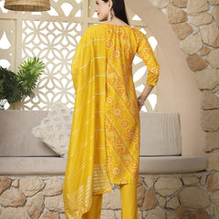 Stylum Women's Bandhej Printed Muslin Straight Kurta Pant Dupatta Set (KPDYELLOWKORI)