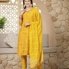 Stylum Women's Bandhej Printed Muslin Straight Kurta Pant Dupatta Set (KPDYELLOWKORI)
