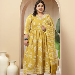 Stylum Women's Plus Size Yellow Floral Printed Cotton Anarkali Kurta Pant Dupatta Set (KPDYELLOWMANIPLUS)