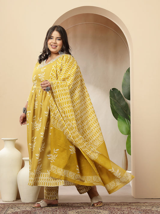 Stylum Women's Plus Size Yellow Floral Printed Cotton Anarkali Kurta Pant Dupatta Set (KPDYELLOWMANIPLUS)