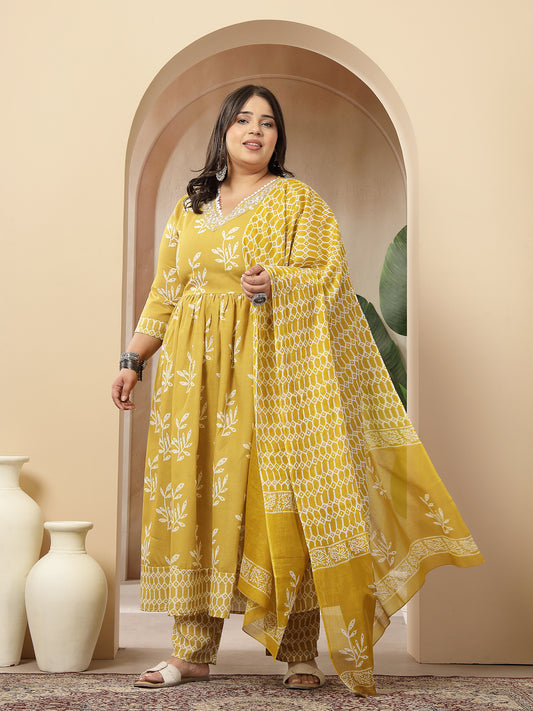 Stylum Women's Plus Size Yellow Floral Printed Cotton Anarkali Kurta Pant Dupatta Set (KPDYELLOWMANIPLUS)