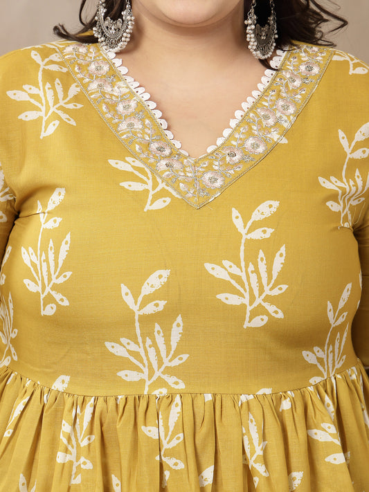 Stylum Women's Plus Size Yellow Floral Printed Cotton Anarkali Kurta Pant Dupatta Set (KPDYELLOWMANIPLUS)