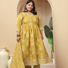 Stylum Women's Plus Size Yellow Floral Printed Cotton Anarkali Kurta Pant Dupatta Set (KPDYELLOWMANIPLUS)