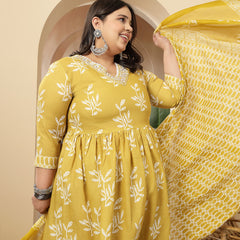 Stylum Women's Plus Size Yellow Floral Printed Cotton Anarkali Kurta Pant Dupatta Set (KPDYELLOWMANIPLUS)
