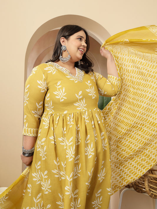 Stylum Women's Plus Size Yellow Floral Printed Cotton Anarkali Kurta Pant Dupatta Set (KPDYELLOWMANIPLUS)