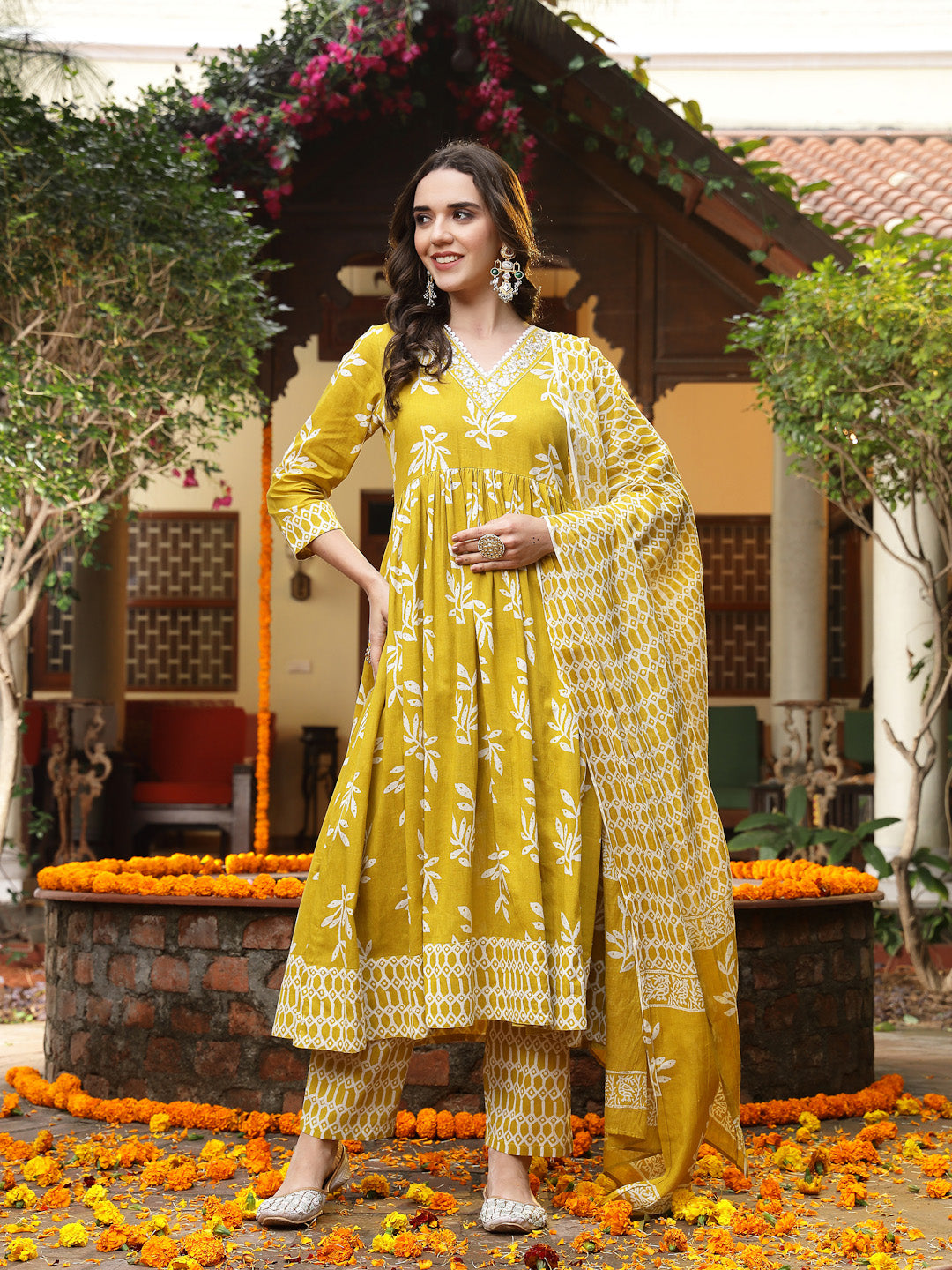 Stylum Women's Yellow Floral Printed Cotton Anarkali Kurta Pant Dupatta Set (KPDYELLOWMANI)