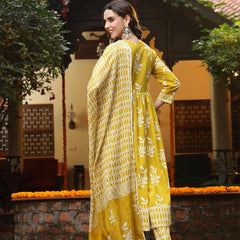 Stylum Women's Yellow Floral Printed Cotton Anarkali Kurta Pant Dupatta Set (KPDYELLOWMANI)