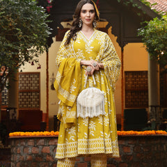 Stylum Women's Yellow Floral Printed Cotton Anarkali Kurta Pant Dupatta Set (KPDYELLOWMANI)