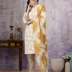 Stylum Women's Yellow Tropical Printed Cotton Blend Straight Kurta Pant Dupatta Set (KPDYELLOWSOMI)
