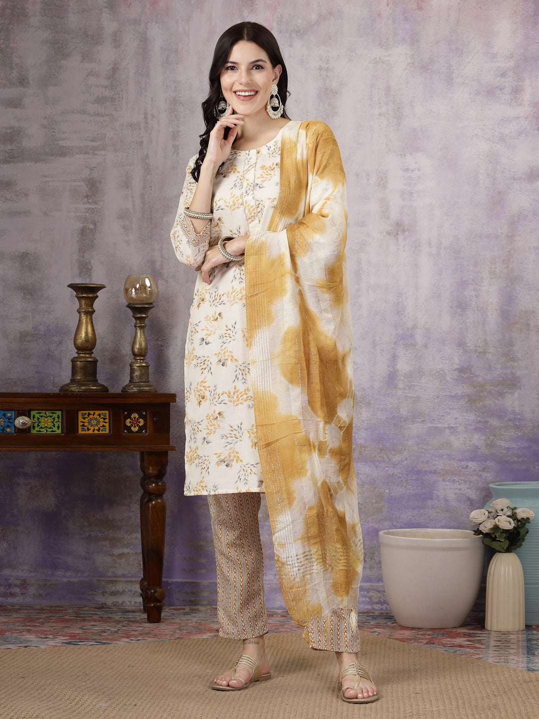 Stylum Women's Yellow Tropical Printed Cotton Blend Straight Kurta Pant Dupatta Set (KPDYELLOWSOMI)