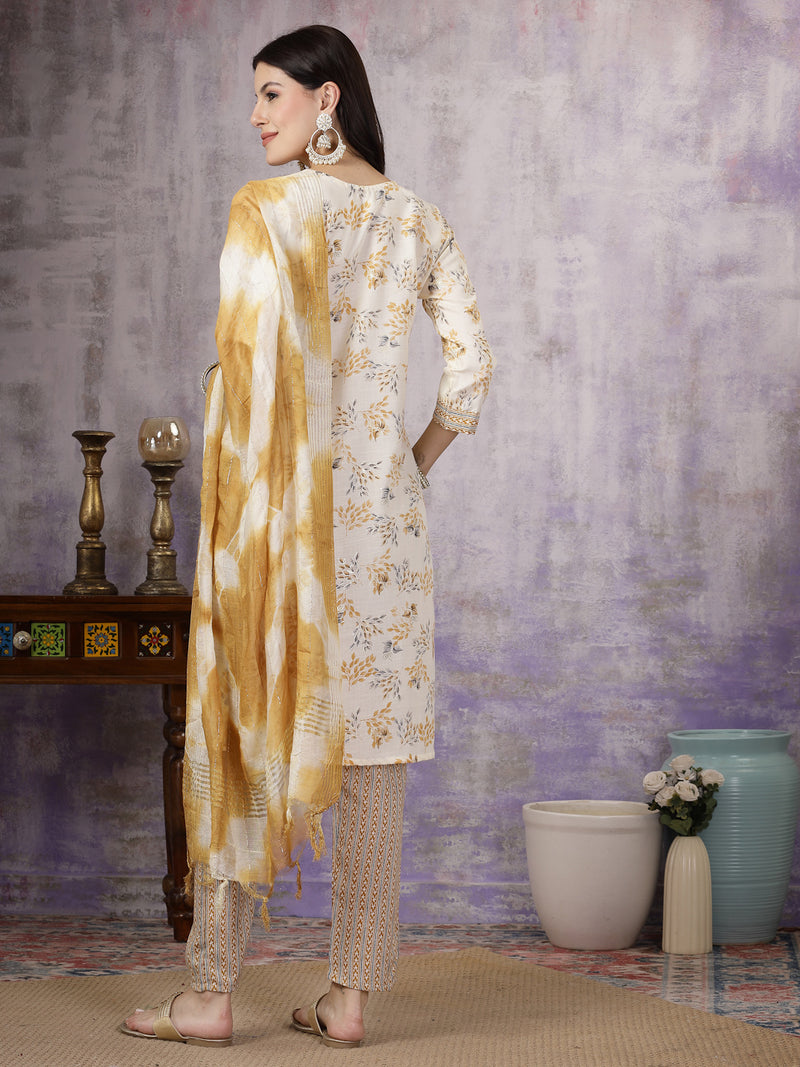 Stylum Women's Yellow Tropical Printed Cotton Blend Straight Kurta Pant Dupatta Set (KPDYELLOWSOMI)
