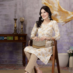 Stylum Women's Yellow Tropical Printed Cotton Blend Straight Kurta Pant Dupatta Set (KPDYELLOWSOMI)