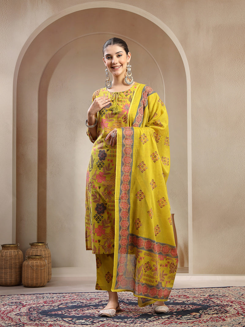 Stylum Women's Yellow Floral Printed Cotton Straight Kurta Pant Dupatta Set (KPDYELLOWYAMIR)