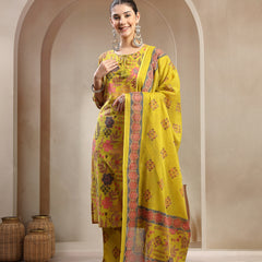 Stylum Women's Yellow Floral Printed Cotton Straight Kurta Pant Dupatta Set (KPDYELLOWYAMIR)