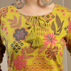 Stylum Women's Yellow Floral Printed Cotton Straight Kurta Pant Dupatta Set (KPDYELLOWYAMIR)