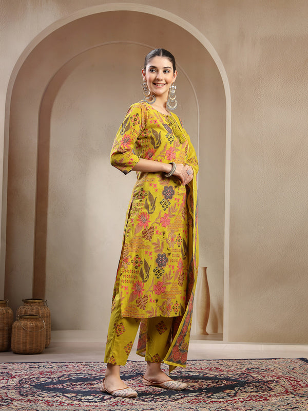 Stylum Women's Yellow Floral Printed Cotton Straight Kurta Pant Dupatta Set (KPDYELLOWYAMIR)