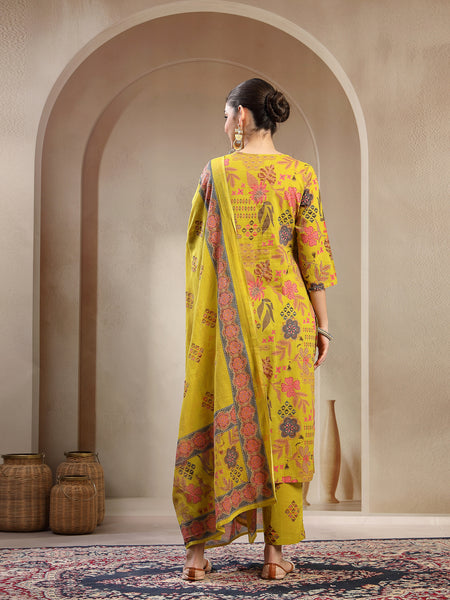 Stylum Women's Yellow Floral Printed Cotton Straight Kurta Pant Dupatta Set (KPDYELLOWYAMIR)
