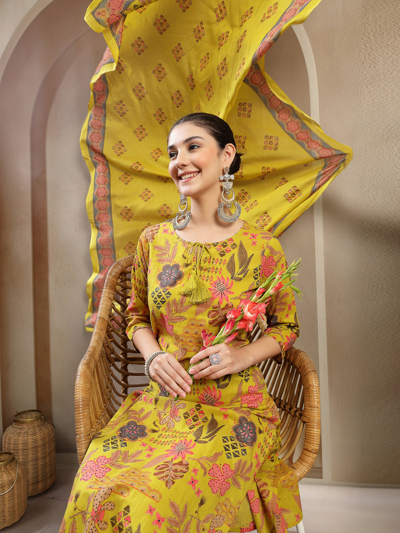 Stylum Women's Yellow Floral Printed Cotton Straight Kurta Pant Dupatta Set (KPDYELLOWYAMIR)