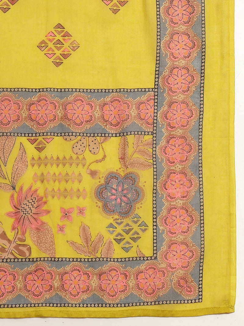 Stylum Women's Yellow Floral Printed Cotton Straight Kurta Pant Dupatta Set (KPDYELLOWYAMIR)