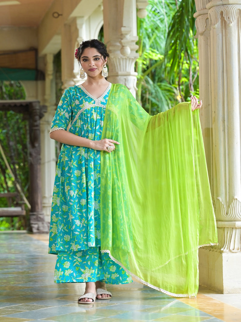 Stylum Women's Floral Printed Cotton Pleated Kurta Palazzo Dupatta Set (KPDZAYLA)