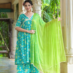 Stylum Women's Floral Printed Cotton Pleated Kurta Palazzo Dupatta Set (KPDZAYLA)