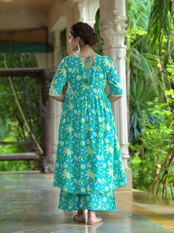 Stylum Women's Floral Printed Cotton Pleated Kurta Palazzo Dupatta Set (KPDZAYLA)