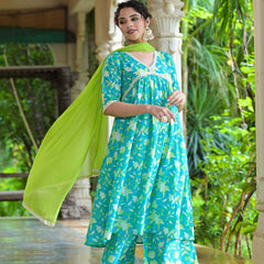 Cotton Pleated Kurta Palazzo Dupatta Set