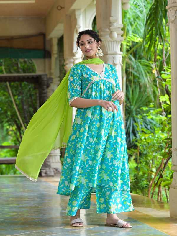 Cotton Pleated Kurta Palazzo Dupatta Set