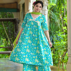 Stylum Women's Floral Printed Cotton Pleated Kurta Palazzo Dupatta Set (KPDZAYLA)
