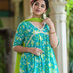Cotton Pleated Kurta Palazzo Dupatta Set