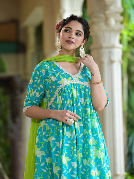 Cotton Pleated Kurta Palazzo Dupatta Set