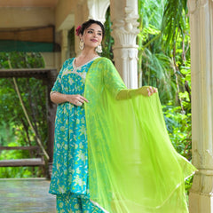 Cotton Pleated Kurta Palazzo Dupatta Set