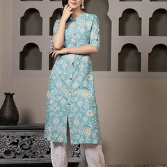 Stylum Women's Aqua Floral Printed Rayon A-Line Kurta Pant Set (KPFALANGAQUA)