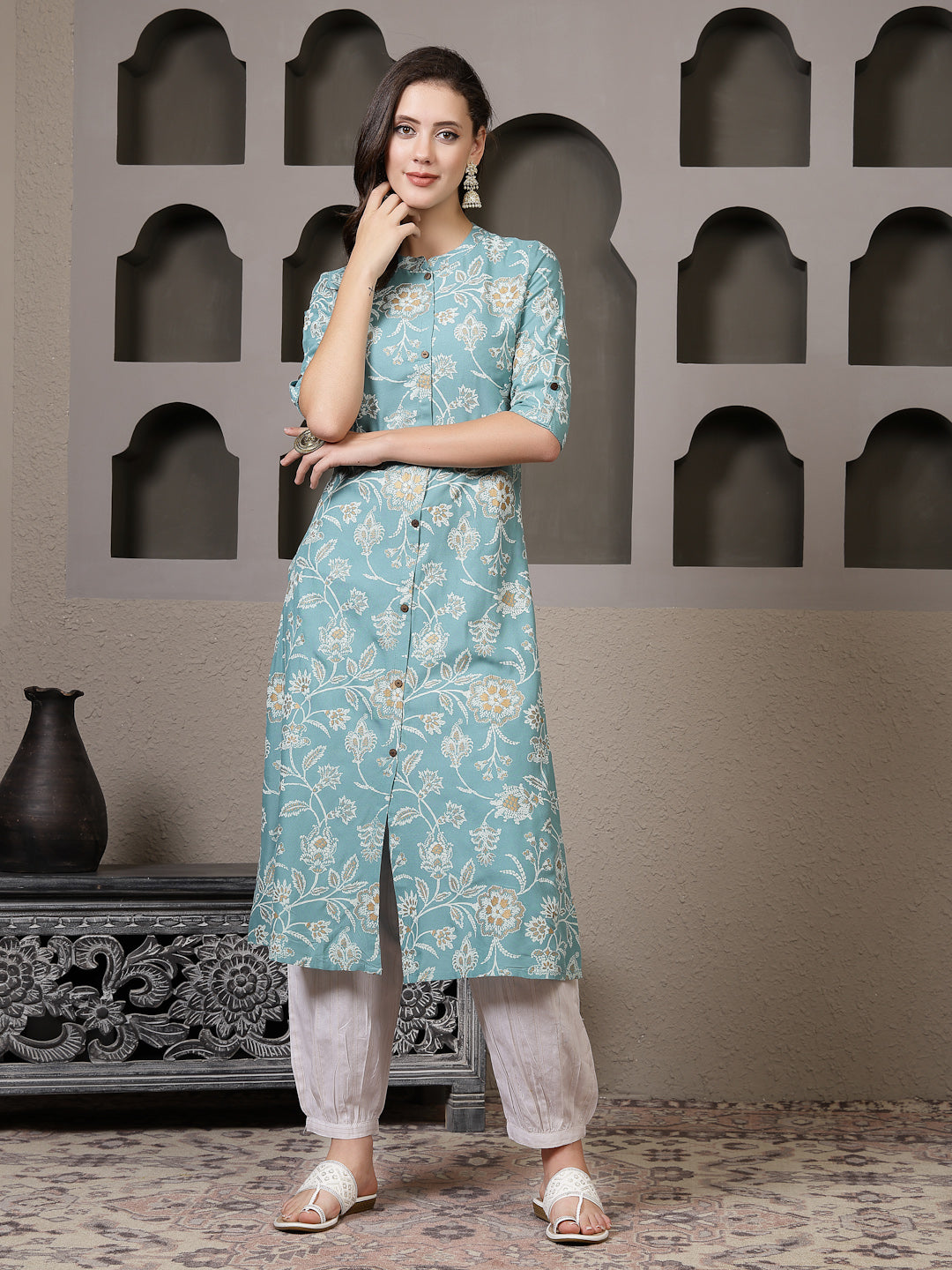 Stylum Women's Aqua Floral Printed Rayon A-Line Kurta Pant Set (KPFALANGAQUA)