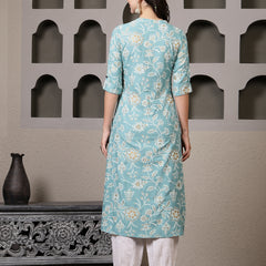 Stylum Women's Aqua Floral Printed Rayon A-Line Kurta Pant Set (KPFALANGAQUA)