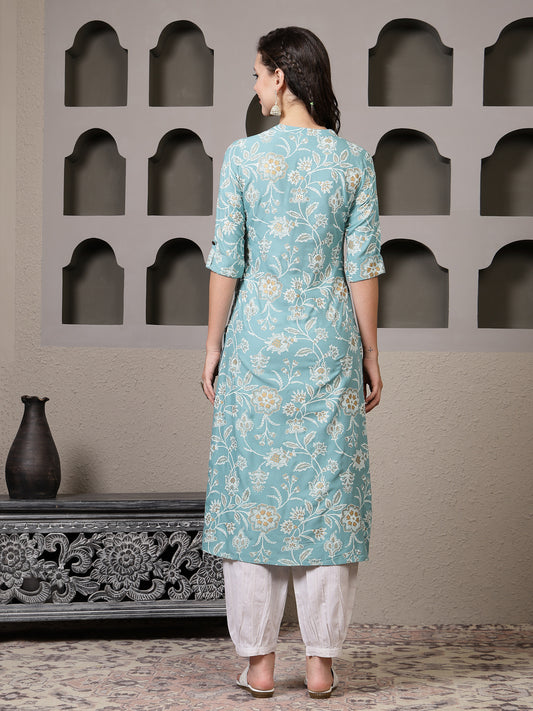 Stylum Women's Aqua Floral Printed Rayon A-Line Kurta Pant Set (KPFALANGAQUA)