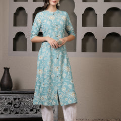 Stylum Women's Aqua Floral Printed Rayon A-Line Kurta Pant Set (KPFALANGAQUA)