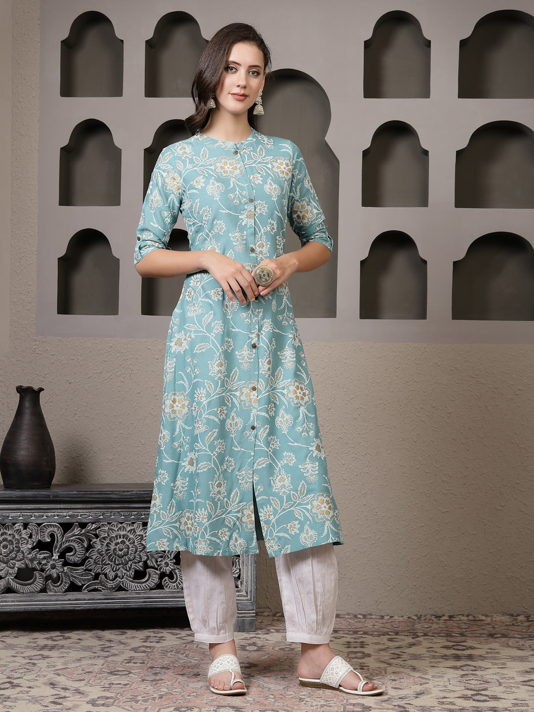 Stylum Women's Aqua Floral Printed Rayon A-Line Kurta Pant Set (KPFALANGAQUA)