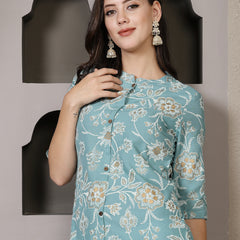 Stylum Women's Aqua Floral Printed Rayon A-Line Kurta Pant Set (KPFALANGAQUA)