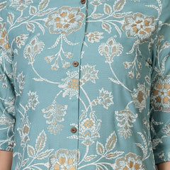 Stylum Women's Aqua Floral Printed Rayon A-Line Kurta Pant Set (KPFALANGAQUA)